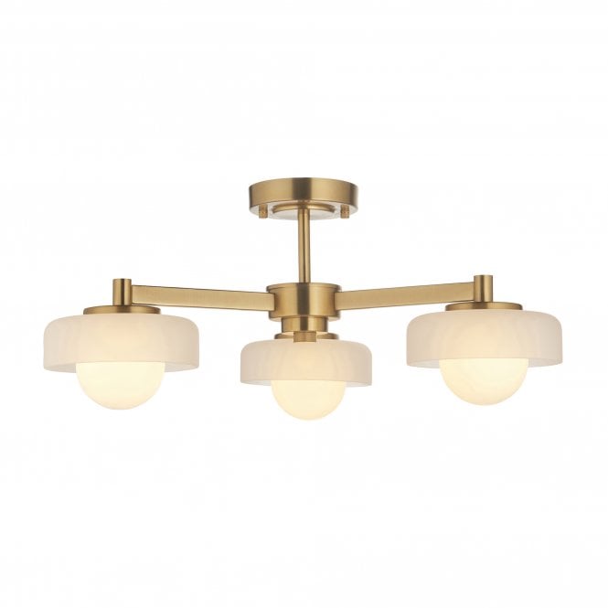 Boss 3 Light Semi Flush Ceiling Light, Aged Brass & Opal Glass