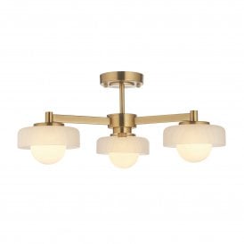 Boss 3 Light Semi Flush Ceiling Light, Aged Brass & Opal Glass
