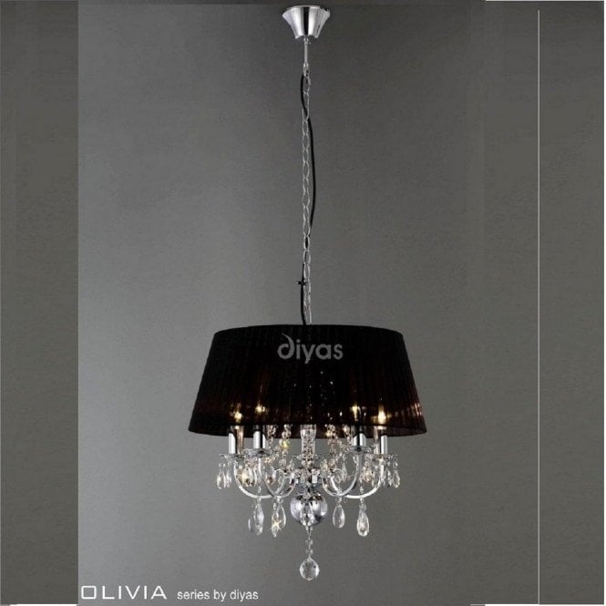 Diyas Olivia IL30045 Polished Chrome Crystal Five Light Pendant Ceiling Fitting with Black Shade