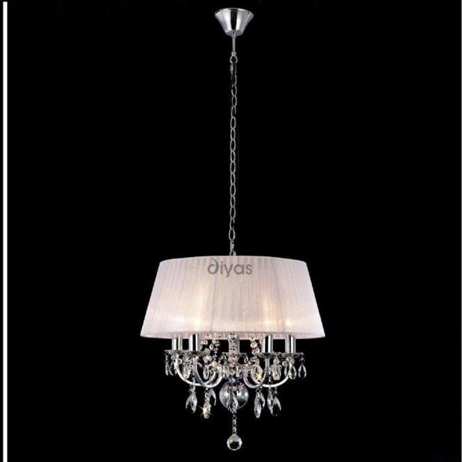Diyas Olivia IL30046 Polished Chrome Crystal Five Light Pendant Ceiling Fitting with White Shade