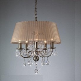 Diyas Olivia IL30047 Antique Brass Crystal Five Light Pendant Ceiling Fitting with Amber Cream Shade
