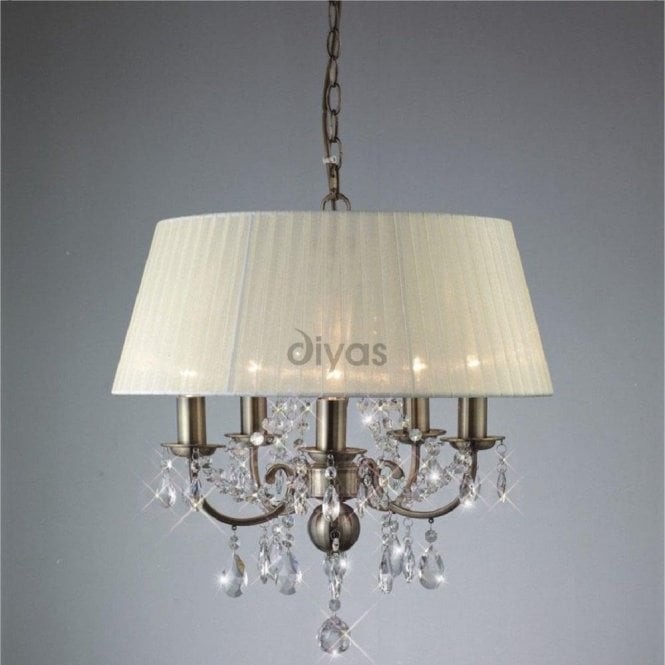 Diyas Olivia IL30048 Antique Brass Crystal Five Light Pendant Ceiling Fitting with Ivory Cream Shade