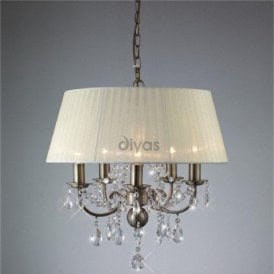 Diyas Olivia IL30048 Antique Brass Crystal Five Light Pendant Ceiling Fitting with Ivory Cream Shade