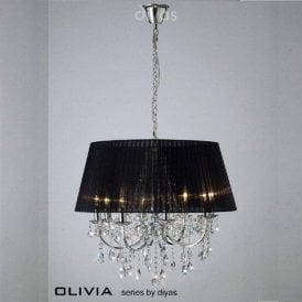 Diyas Olivia IL30056/BL Polished Chrome Crystal Eight Light Pendant Ceiling Fitting with Black Shade