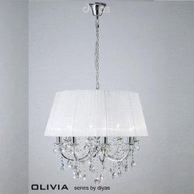 Diyas Olivia IL30056/WH Polished Chrome Crystal Eight Light Pendant Ceiling Fitting with White Shade