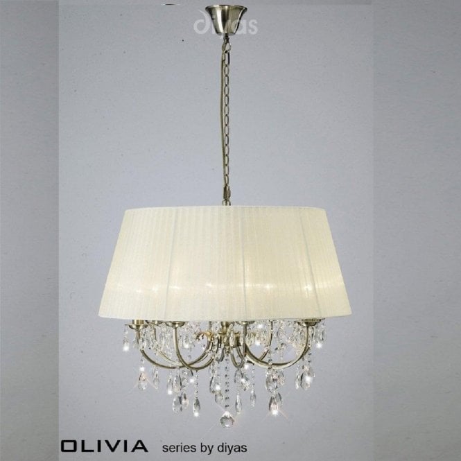 Diyas Olivia IL30057/CR Antique Brass Crystal Eight Light Pendant Ceiling Fitting with Cream Shade