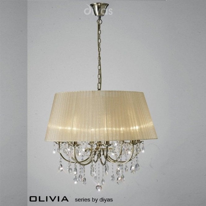 Diyas Olivia IL30057/SB Antique Brass Crystal Eight Light Pendant Ceiling Fitting with Bronze Shade