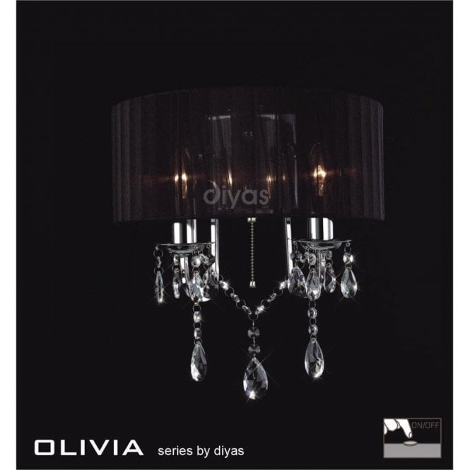 Diyas Olivia IL30061/BL Polished Chrome Crystal Twin Light Wall Light with Black Shade