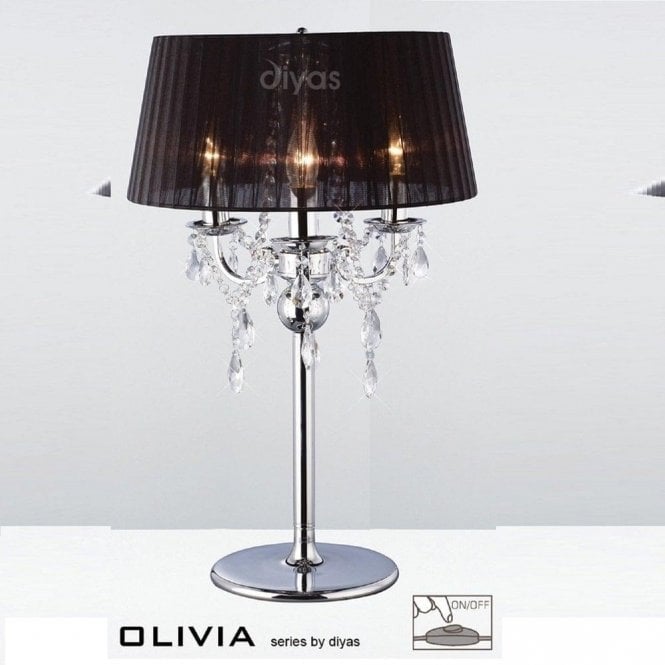 Diyas Olivia IL30062/BL Polished Chrome Crystal Three Light Table Lamp with Black Shade
