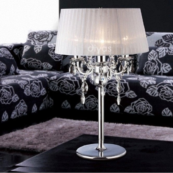 Diyas Olivia IL30062/WH Polished Chrome Crystal Three Light Table Lamp with White Shade