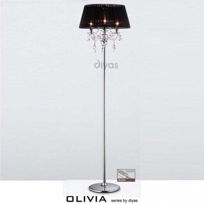 Diyas Olivia IL30063/BL Polished Chrome Crystal Three Light Floor Lamp with Black Shade
