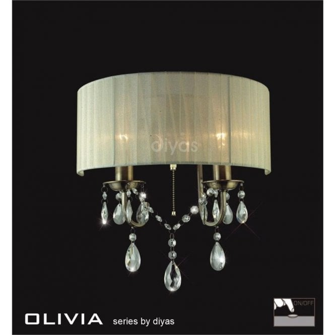 Diyas Olivia IL30064/CR Antique Brass Crystal Twin Light Wall Light with Cream Shade