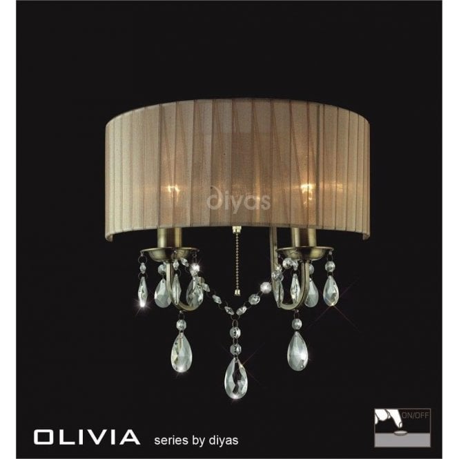 Diyas Olivia IL30064/SB Antique Brass Crystal Twin Light Wall Light with Soft Bronze Shade