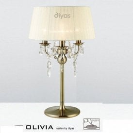 Diyas Olivia IL30065/CR Antique Brass Crystal Three Light Table Lamp with Cream Shade