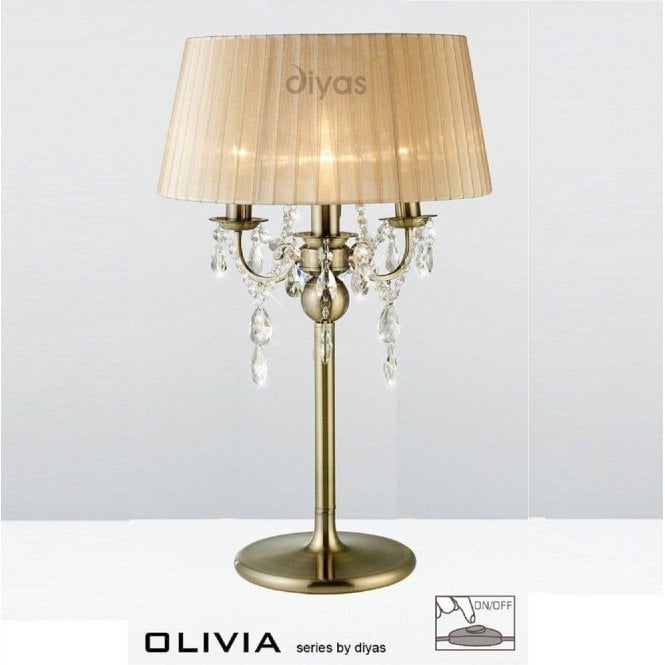 Diyas Olivia IL30065/SB Antique Brass Crystal Three Light Table Lamp with Bronze Shade