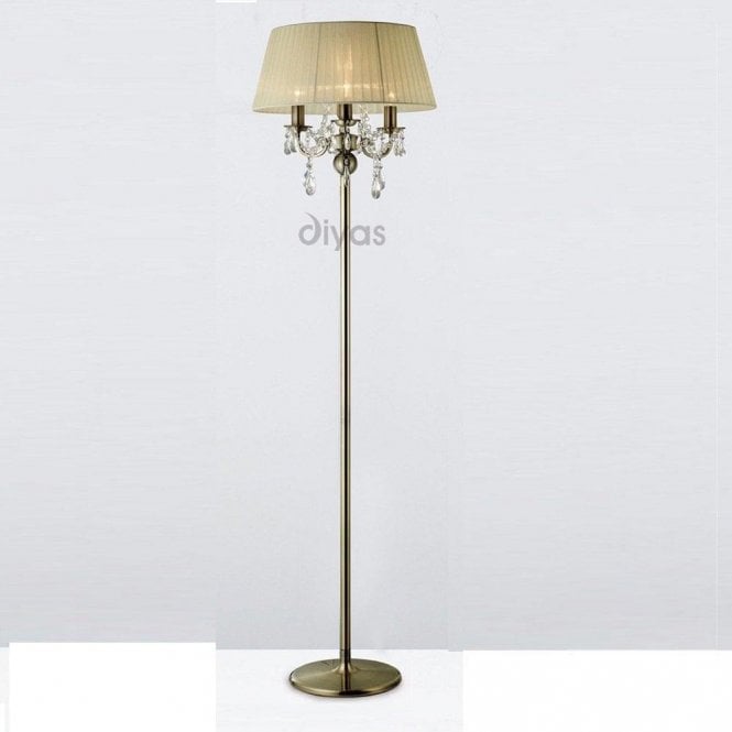 Diyas Olivia IL30066/CR Antique Brass Crystal Three Light Floor Lamp with Cream Shade