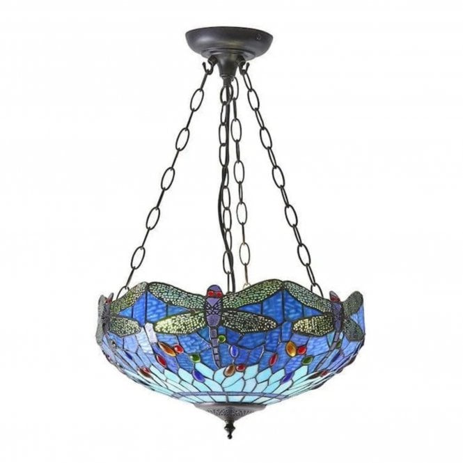 Dragonfly Blue Medium Inverted 3 Light Tiffany Pendant Light, Glass