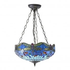 Dragonfly Blue Medium Inverted 3 Light Tiffany Pendant Light, Glass