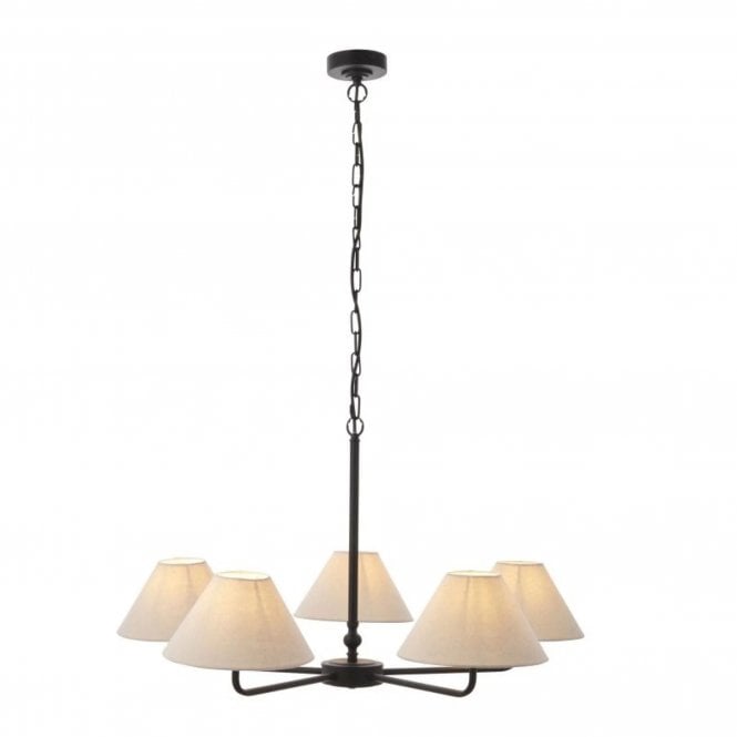  Lille 5 Light Pendant Light, Matt Black & White Linen Shades 810mm