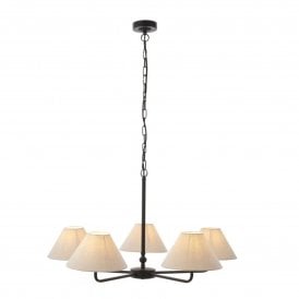 Endon Lighting Lille 5 Light Pendant Light, Matt Black & White Linen Shades 810mm