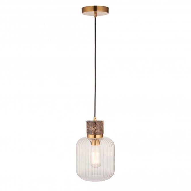  Travi Ribbed Pendant Light Marble Brass Glass E27