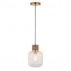 Endon Lighting Travi Ribbed Pendant Light Marble Brass Glass E27