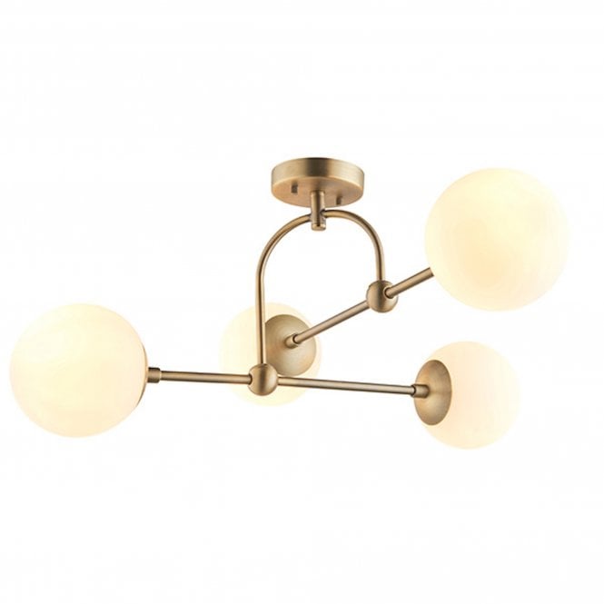Endon Matt Antique Brass Semi-Flush Ceiling Light with Opal Glass