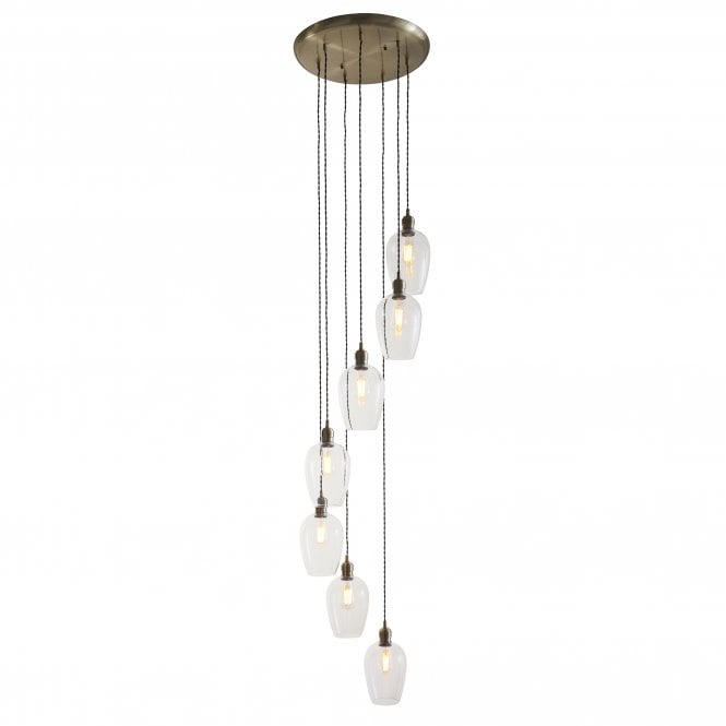 Artisan Clear Glass 7 Light Cascade Pendant, Antique Brass
