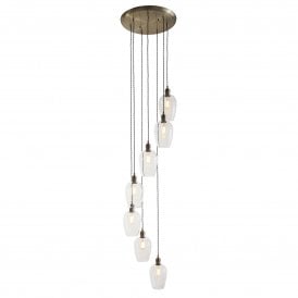 Lightplan Collection Artisan Clear Glass 7 Light Cascade Pendant, Antique Brass