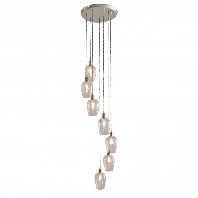  Artisan Clear Glass 7 Light Cascade Pendant, Bright Nickel
