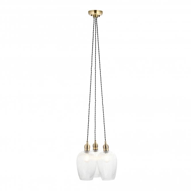  Artisan Clear Ribbed Glass 3 Light Cluster Pendant, Antique Brass