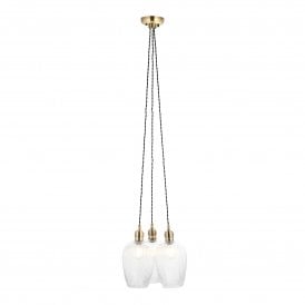Lightplan Collection Artisan Clear Ribbed Glass 3 Light Cluster Pendant, Antique Brass