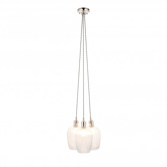  Artisan Clear Ribbed Glass 3 Light Cluster Pendant, Bright Nickel