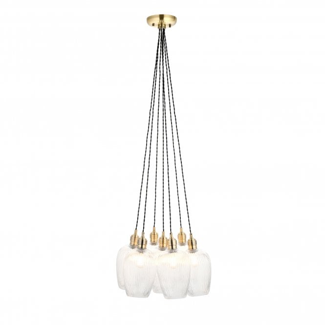  Artisan Clear Ribbed Glass 7 Light Cluster Pendant, Antique Brass