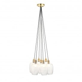 Lightplan Collection Artisan Clear Ribbed Glass 7 Light Cluster Pendant, Antique Brass