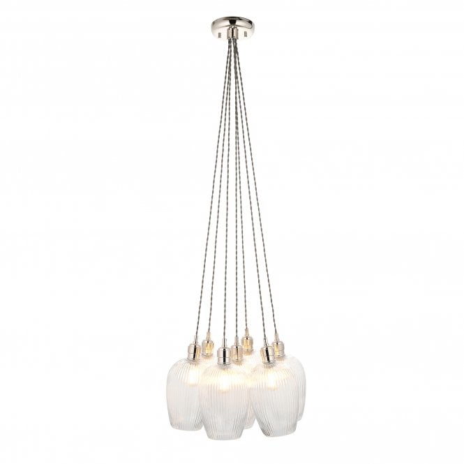  Artisan Clear Ribbed Glass 7 Light Cluster Pendant, Bright Nickel
