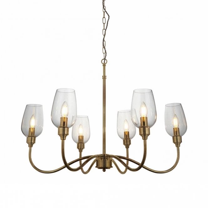  Astoria 6 Light Pendant with Clear Glass Shades, Antique Brass
