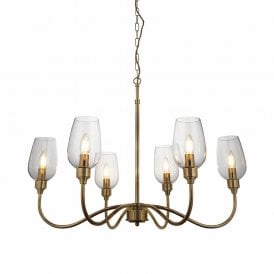 Lightplan Collection Astoria 6 Light Pendant with Clear Glass Shades, Antique Brass