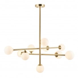 Lightplan Collection Celeste 10 Light Pendant, Gloss White Glass and Satin Brushed Gold