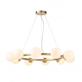 Lightplan Collection Celeste 10 Light Ring Pendant, Gloss White Glass and Satin Brushed Gold