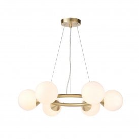 Lightplan Collection Celeste 6 Light Ring Pendant, Gloss White Glass and Satin Brushed Gold
