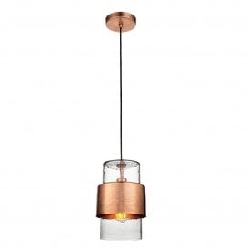 Lightplan Collection Ember Patina Pendant Light, Hammered Copper and Clear Glass