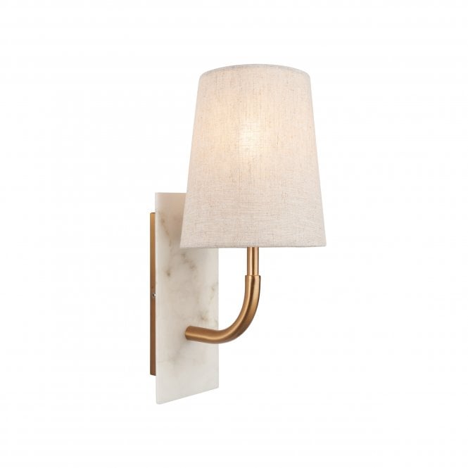  Madison White Marble Curved Arm Wall Light with Tapered Shade, Vintage Brass