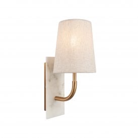 Lightplan Collection Madison White Marble Curved Arm Wall Light with Tapered Shade, Vintage Brass