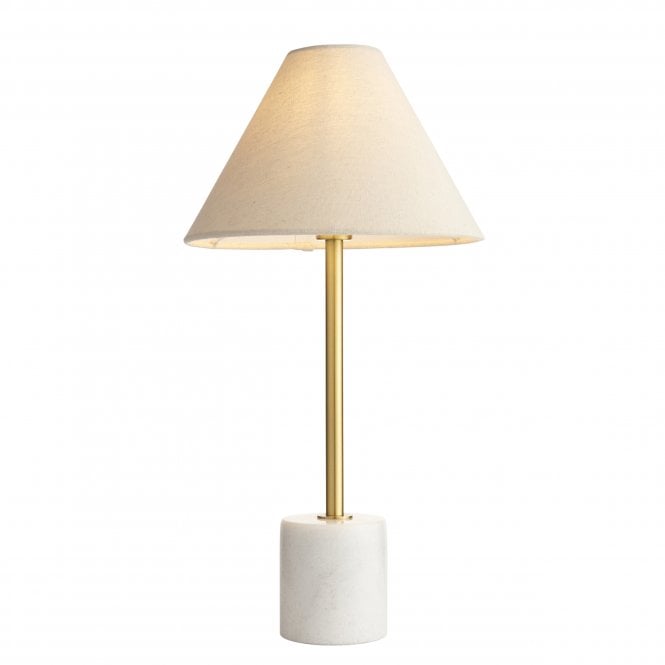  Madison White Marble Table Light with Fabric Shade, Vintage Brass