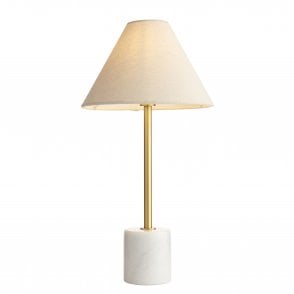 Lightplan Collection Madison White Marble Table Light with Fabric Shade, Vintage Brass