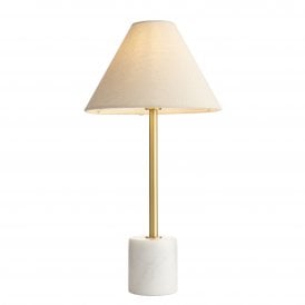 Lightplan Collection Madison White Marble Table Light with Fabric Shade, Vintage Brass
