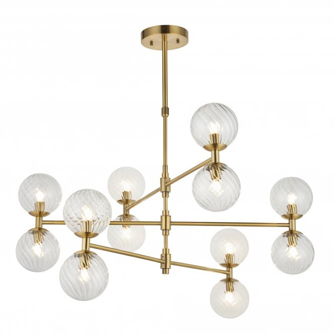  Orion 12 Light Pendant with Twisted Clear Glass, Brushed Aged Brass