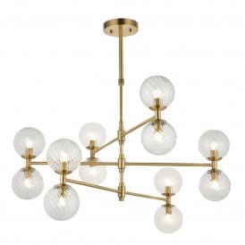 Lightplan Collection Orion 12 Light Pendant with Twisted Clear Glass, Brushed Aged Brass