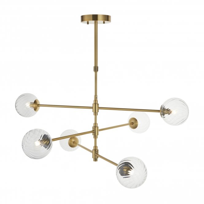  Orion 6 Light Pendant with Twisted Clear Glass, Brushed Brass